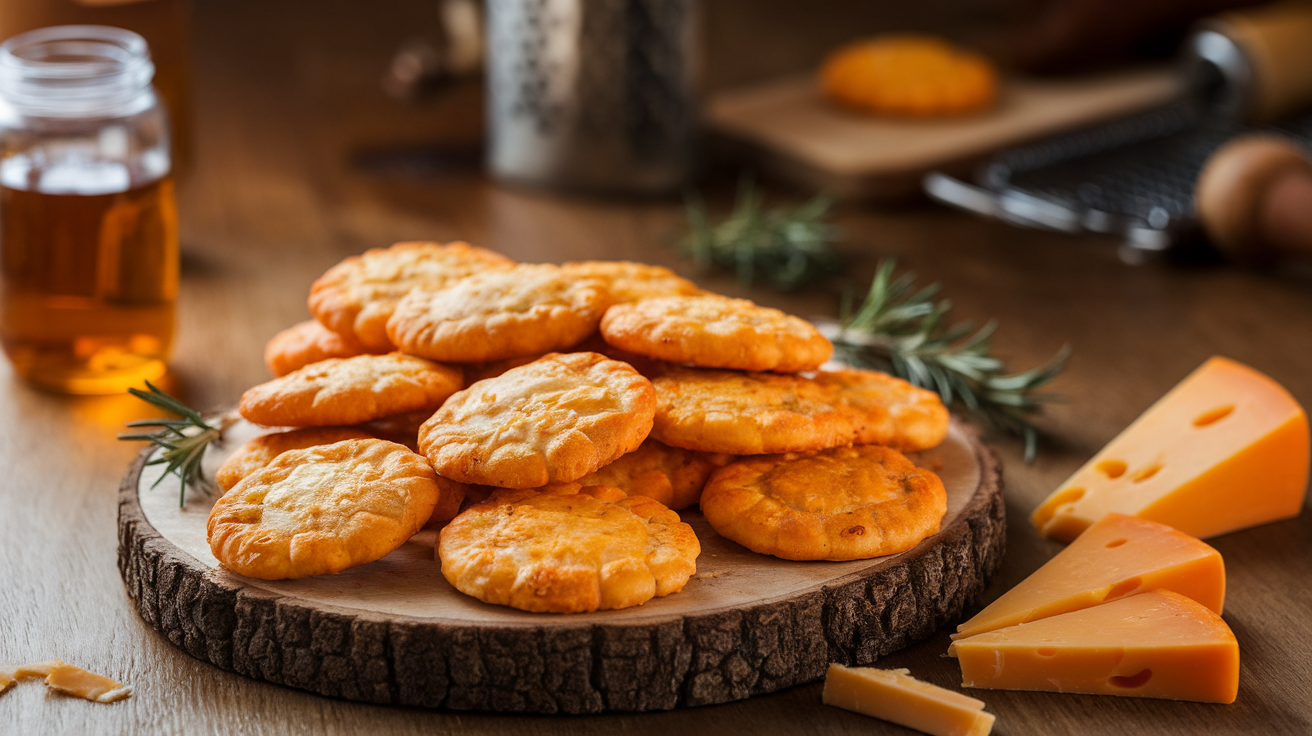 Golden-brown Southern cheese crackers fresh from the oven, with a crispy texture and melted cheddar cheese visible.