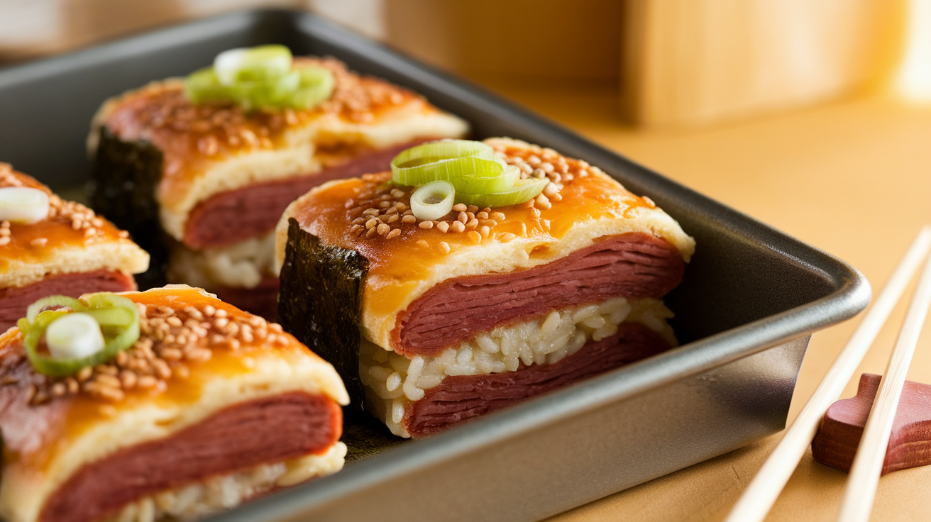 A golden-baked Spam Musubi casserole layered with sticky rice, teriyaki-glazed Spam, and seaweed strips in a white baking dish.