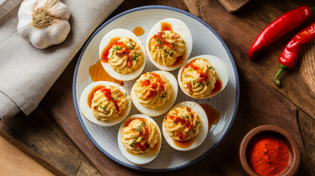 Spicy Chili Garlic Deviled Eggs with creamy yolk filling, drizzled with chili oil, and garnished with green onions and red pepper flakes on a white plate.
