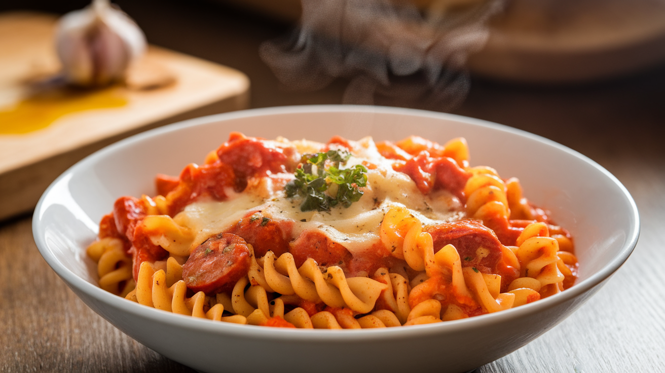 A bowl of creamy spicy sausage pasta with penne, garnished with fresh parsley and grated Parmesan cheese, served on a rustic wooden table.