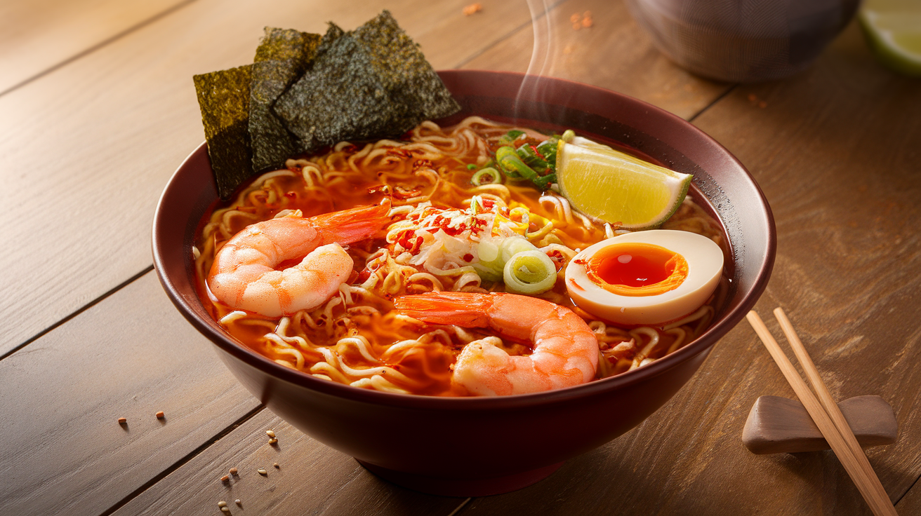 Bowl of spicy shrimp ramen noodle soup with plump shrimp, soft-boiled egg, green onions, and chili oil in rich broth.