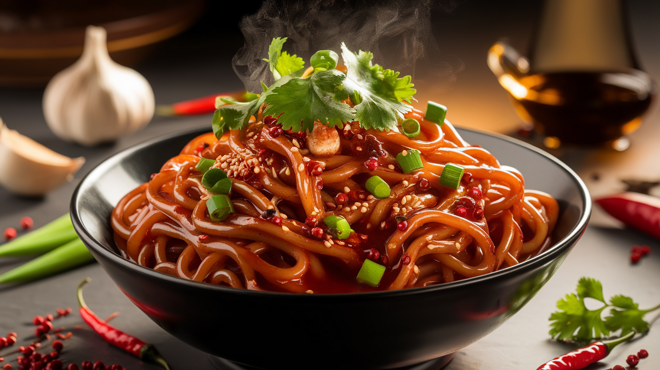Steaming bowl of Spicy Szechuan Noodles drizzled with garlic chili oil, topped with green onions and sesame seeds.