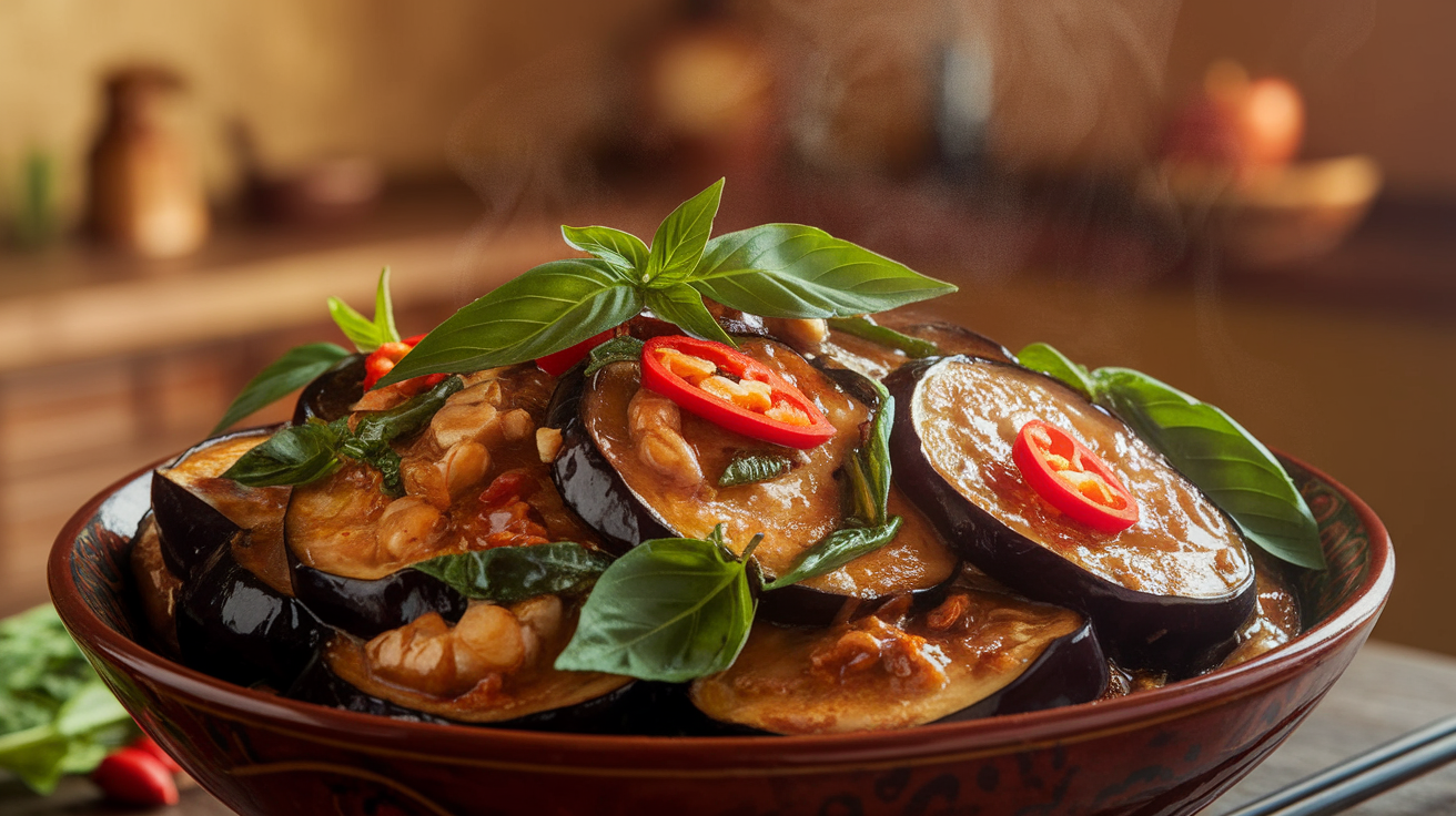 Thai Basil Eggplant Stir Fry with vibrant purple eggplant, fresh basil, and colorful bell peppers in a savory garlic sauce served in a white bowl