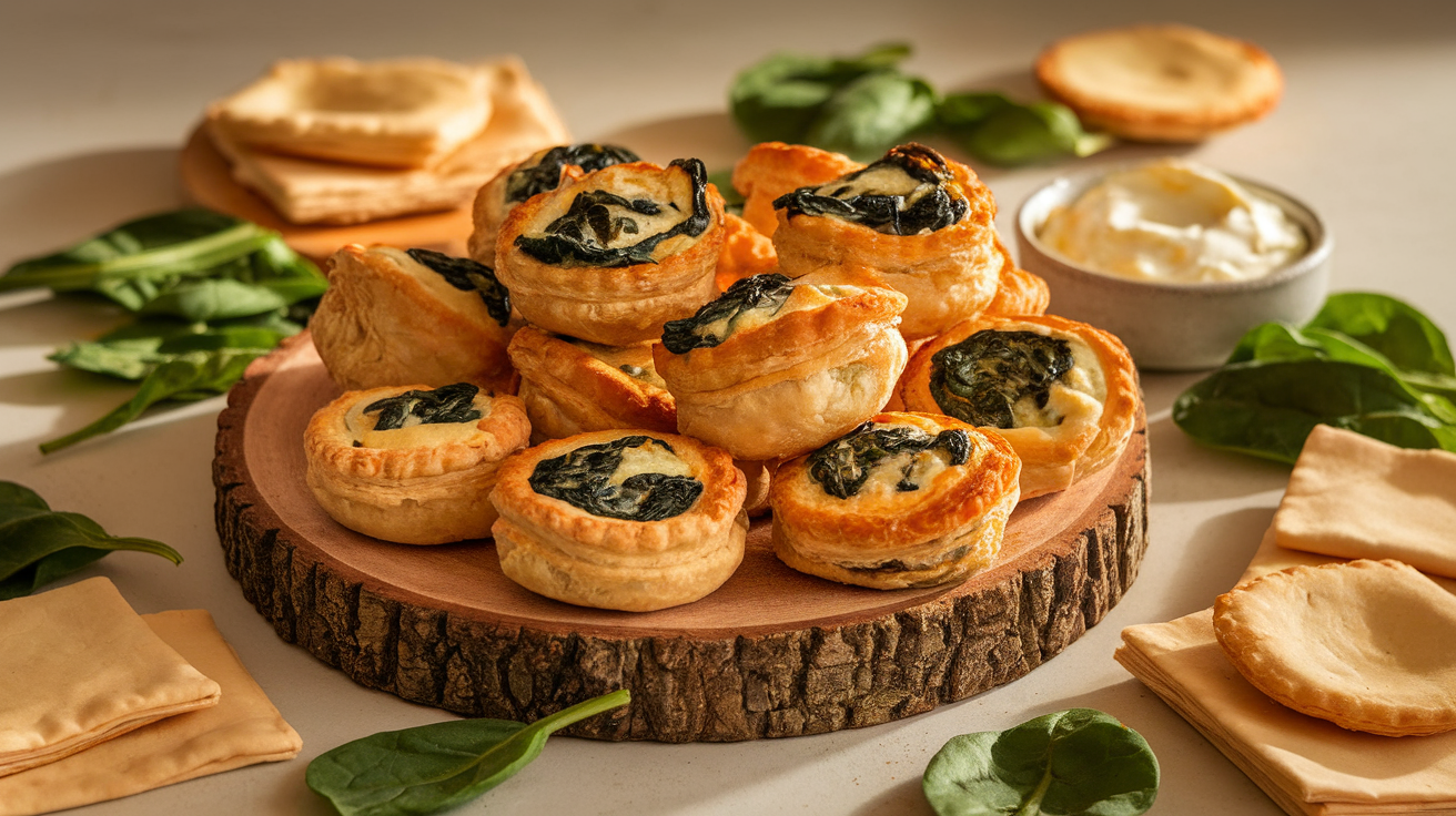 Golden-brown spinach puffs with flaky pastry and creamy filling, arranged on a serving platter.