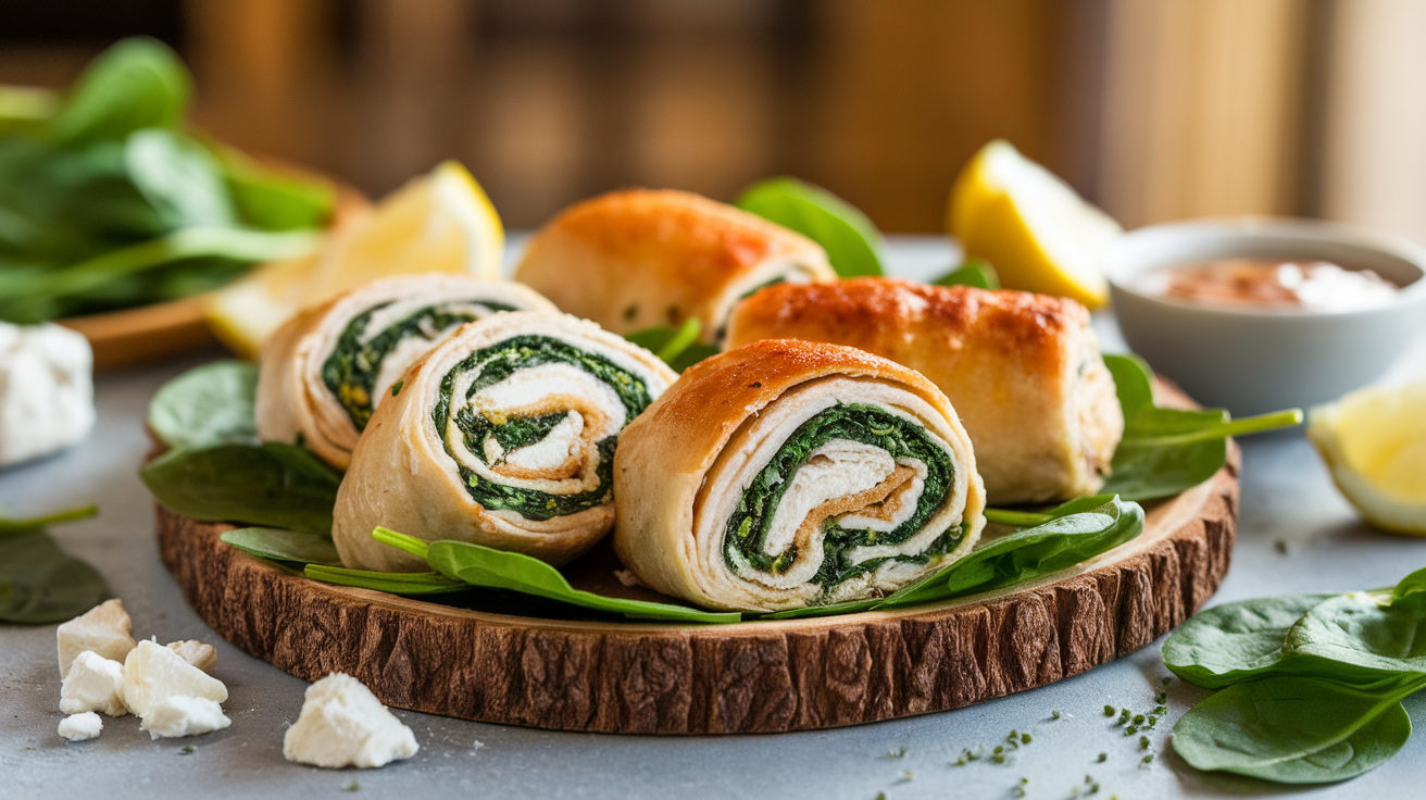 Juicy baked chicken breasts stuffed with spinach, feta cheese, and herbs, rolled and seasoned with golden breadcrumbs.