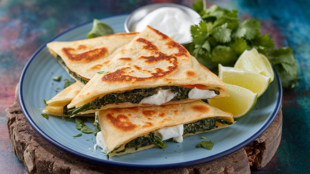Golden-brown spinach and feta quesadilla on a white plate, cut into triangles with melted cheese and fresh spinach visible.