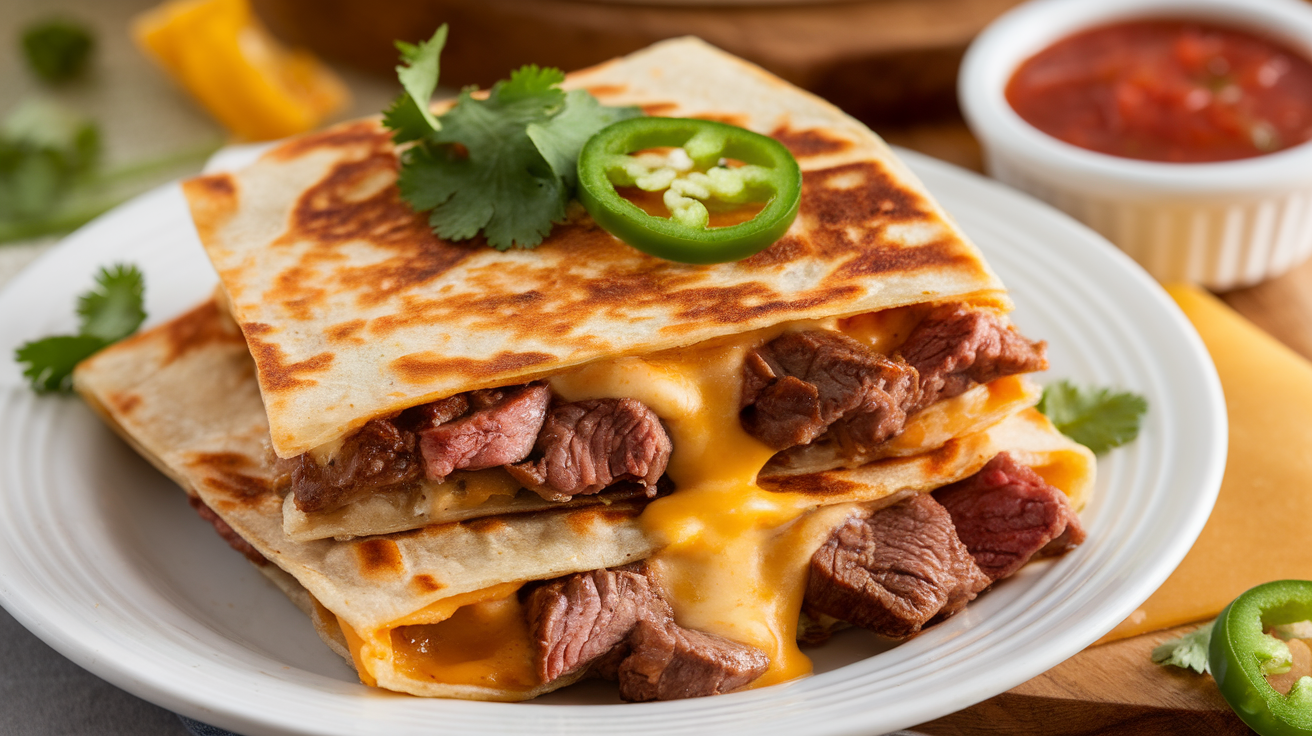 Grilled steak and cheese quesadilla cut into triangles on a wooden board, with melted cheese oozing out.