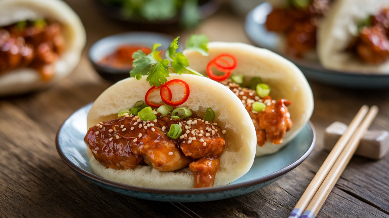 Freshly steamed bao buns filled with sticky Korean glazed chicken, topped with sesame seeds and green onions, served on a wooden board.