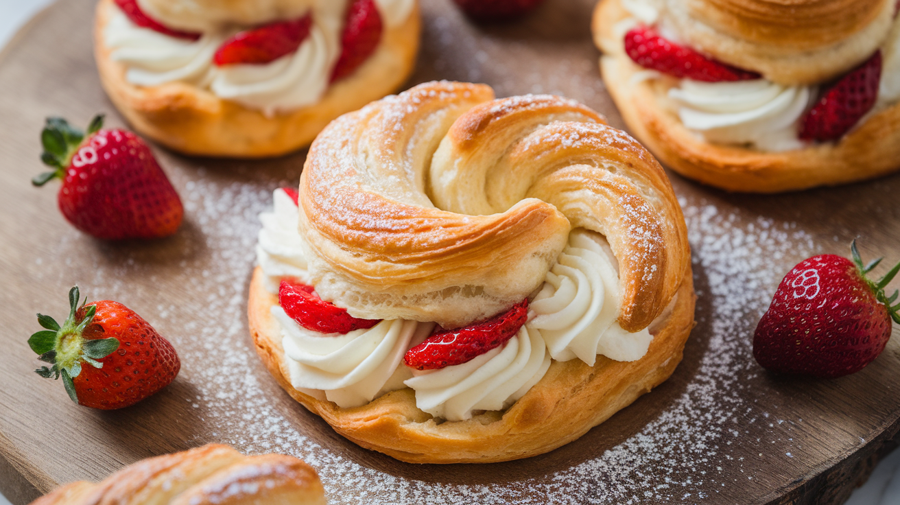 Freshly baked Strawberry Cream Cheese Crescent Danish on a white plate, topped with glaze and strawberry slices, with flaky golden layers.