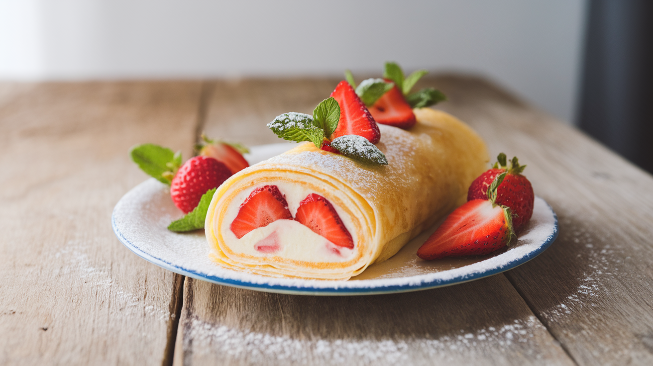 Freshly made strawberry crepe roll dusted with powdered sugar, filled with whipped cream and sliced strawberries, on a white plate with a drizzle of chocolate sauce.