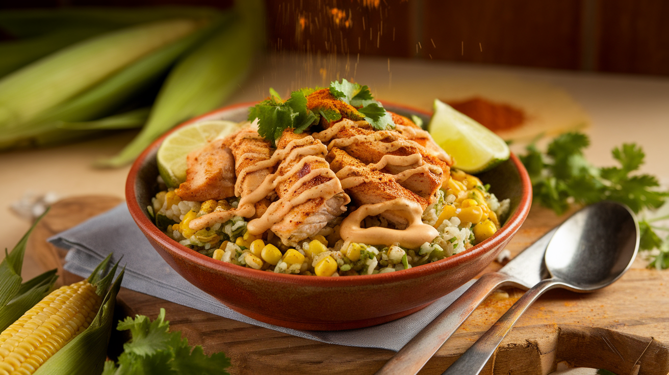 A vibrant Street Corn Chicken Rice Bowl with grilled chicken, charred corn, cotija cheese, cilantro, and lime on a bed of cilantro-lime rice, drizzled with creamy chipotle sauce.