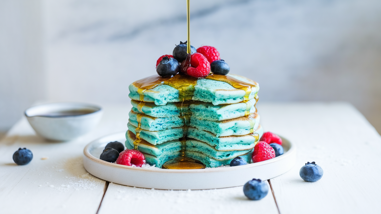 Stack of fluffy blue spirulina pancakes topped with fresh berries, maple syrup, and edible flowers on a white plate.