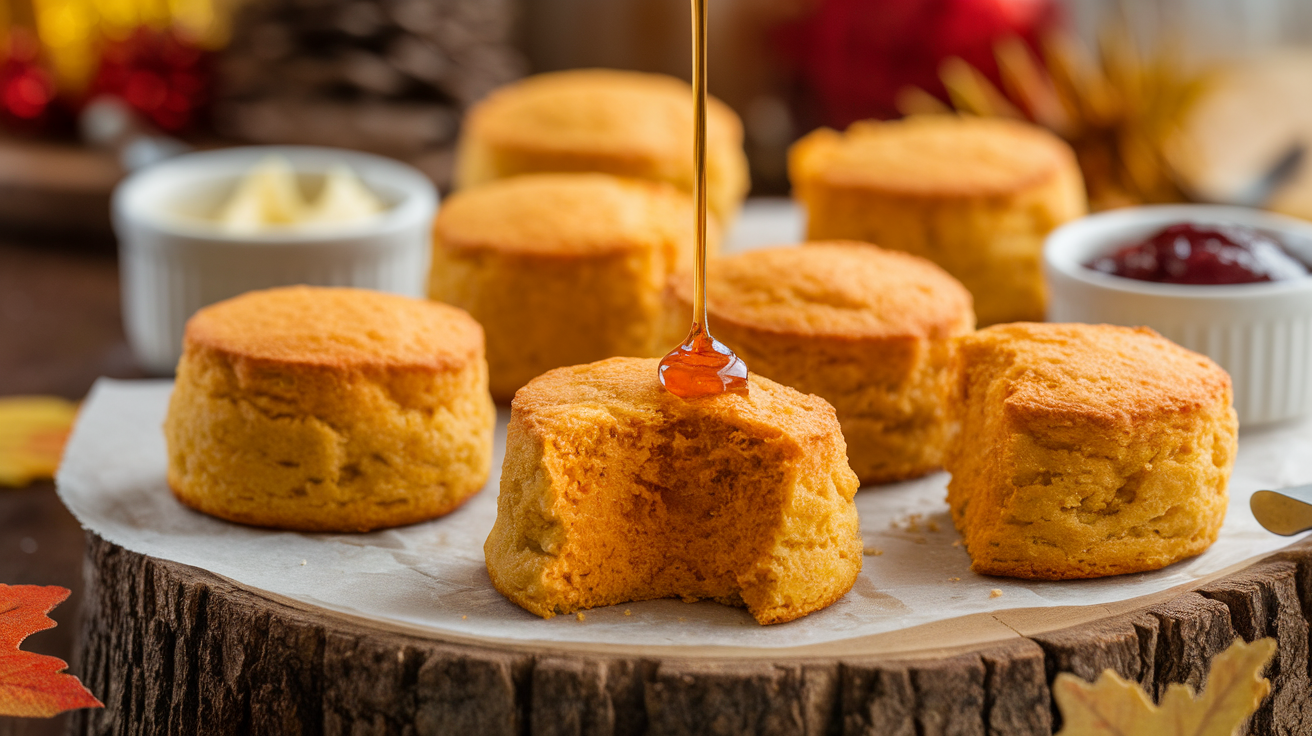 Freshly baked sweet potato biscuit bites on a rustic wooden tray, garnished with melted butter and fresh herbs.