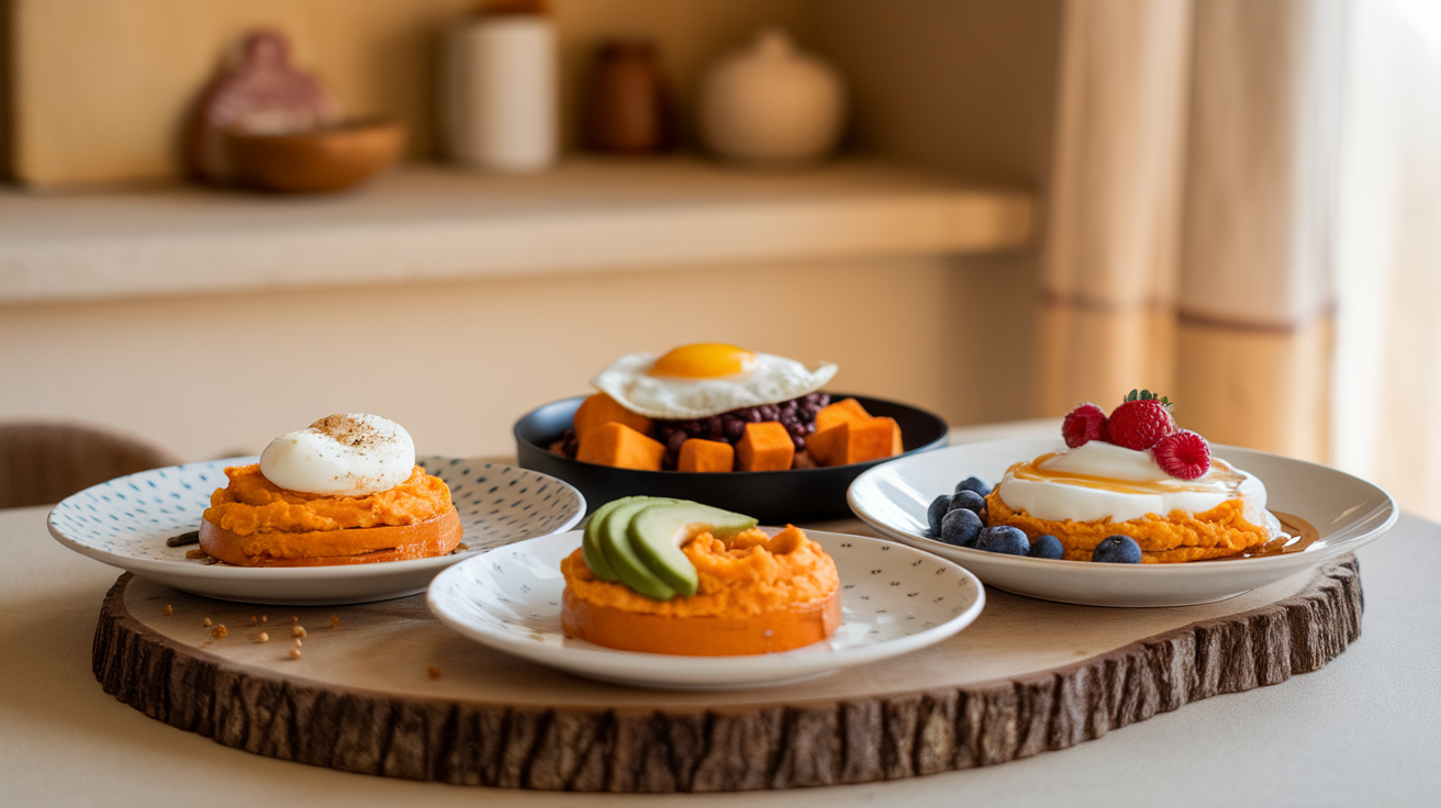 Three delicious sweet potato breakfast dishes arranged on plates, showcasing a variety of toppings and styles.
