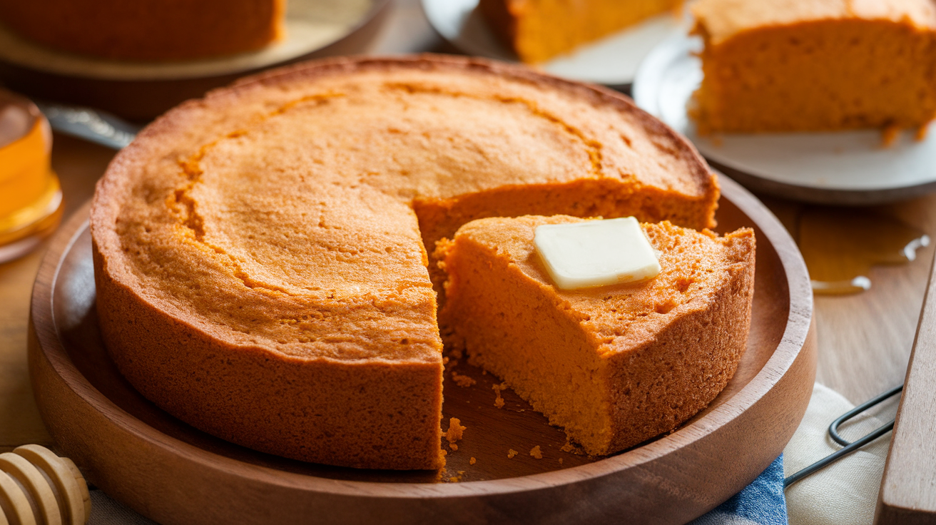 Freshly baked sweet potato cornbread in a cast-iron skillet, golden crust with moist orange interior, garnished with honey drizzle and thyme.