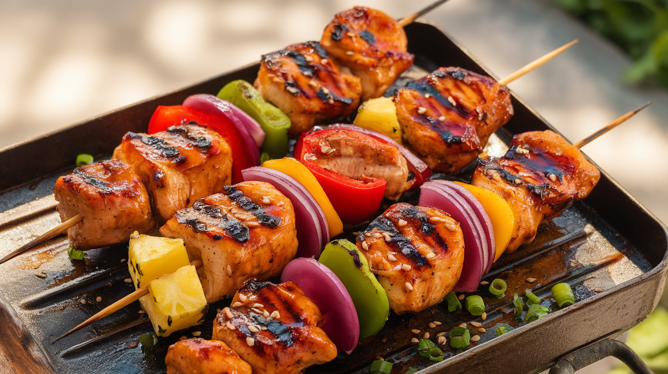Grilled sweet soy chicken kabobs with colorful bell peppers and onions on a wooden platter, garnished with sesame seeds and green onions.