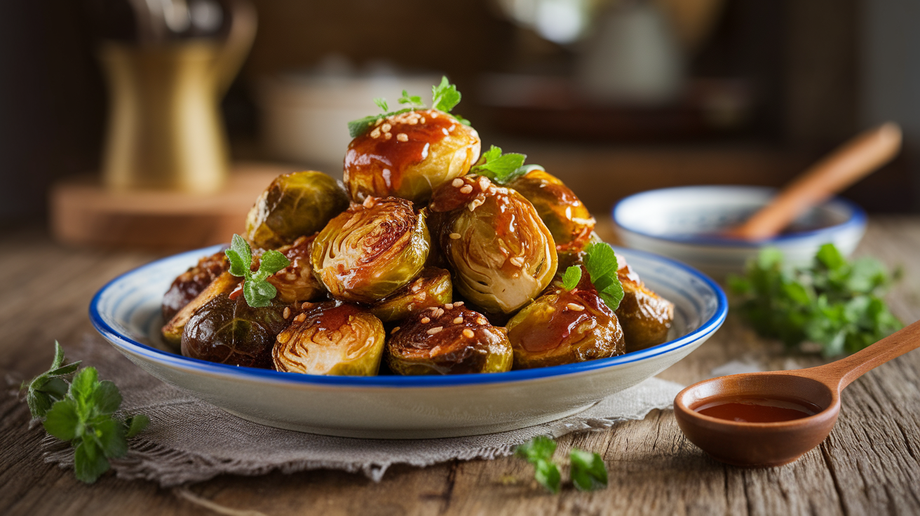 Golden honey-glazed Brussels sprouts with caramelized edges, garnished with sesame seeds, served on a white plate.