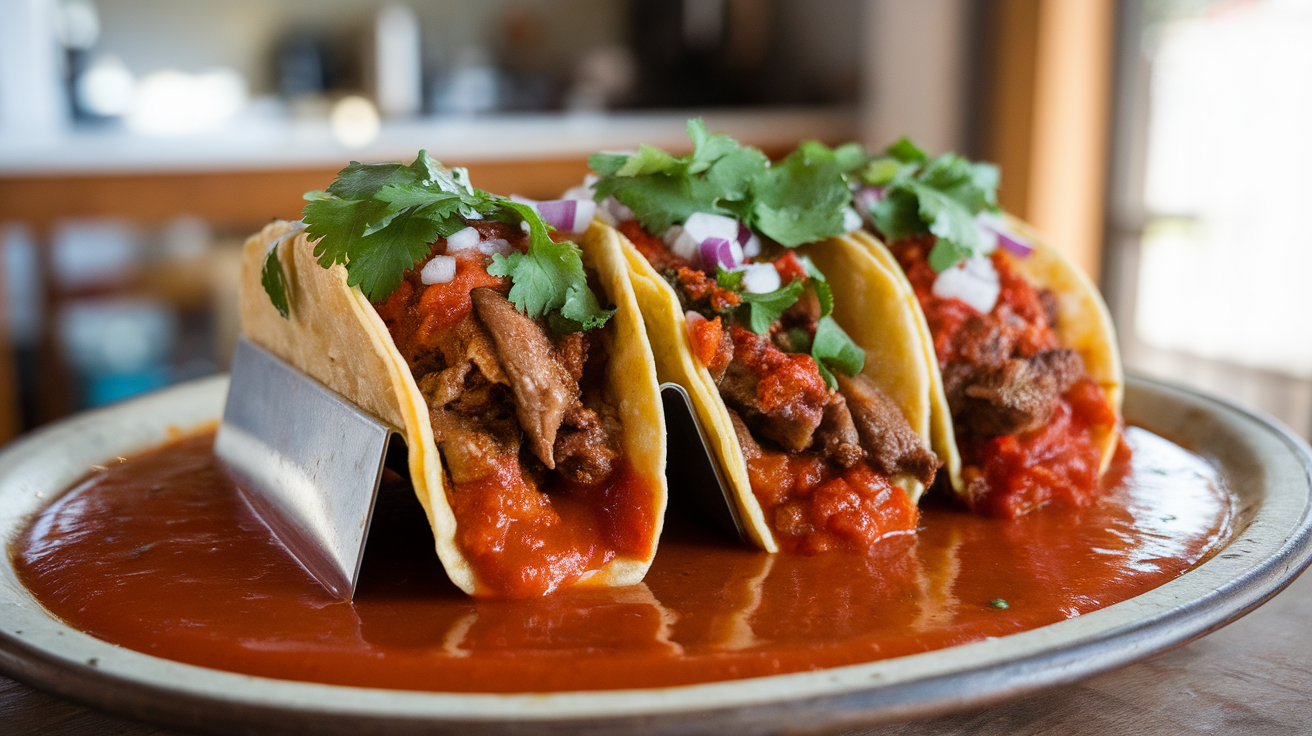 Close-up of Tacos Ahogados drenched in spicy red sauce, garnished with chopped onions and fresh cilantro on a rustic plate.