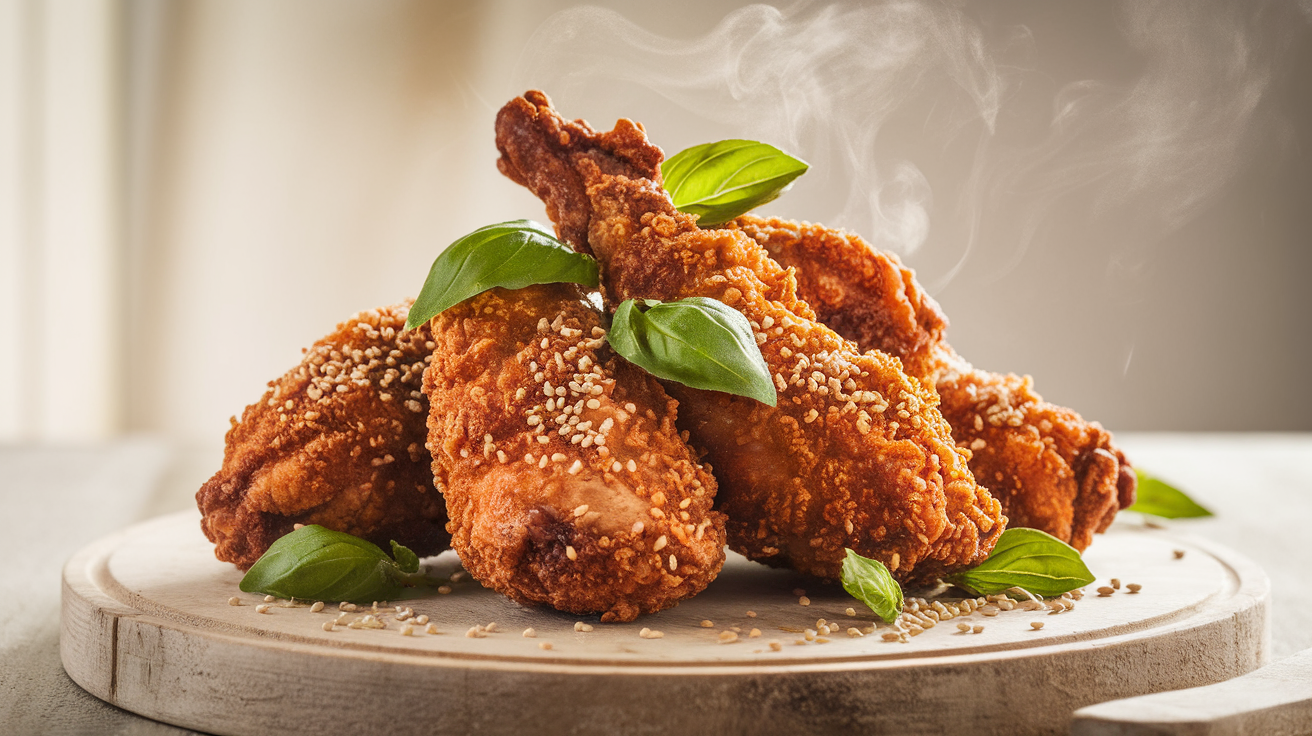 Crispy Taiwanese fried chicken bites garnished with Thai basil on a white plate.
