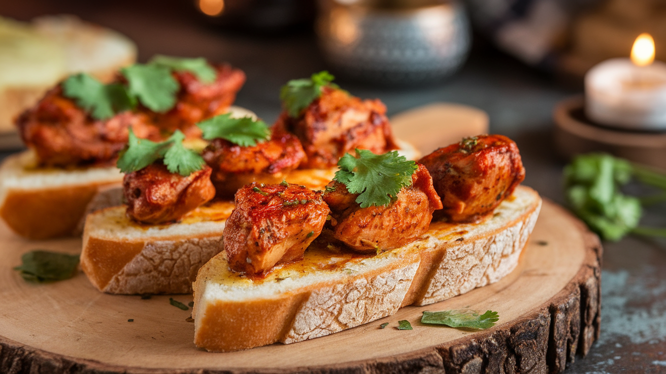 Tandoori chicken garlic bread topped with fresh herbs on a wooden board