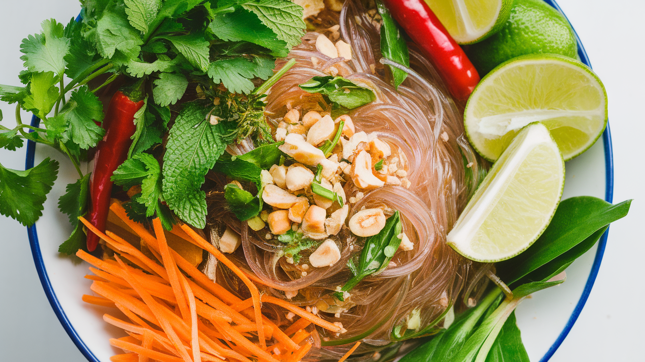Fresh Thai glass noodle salad with colorful vegetables and herbs served in a white bowl