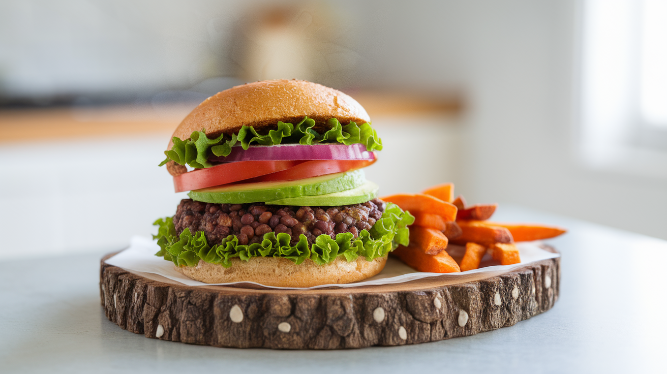 Homemade black bean burgers with avocado, lettuce, and tomato on a toasted bun, served with crispy sweet potato fries.