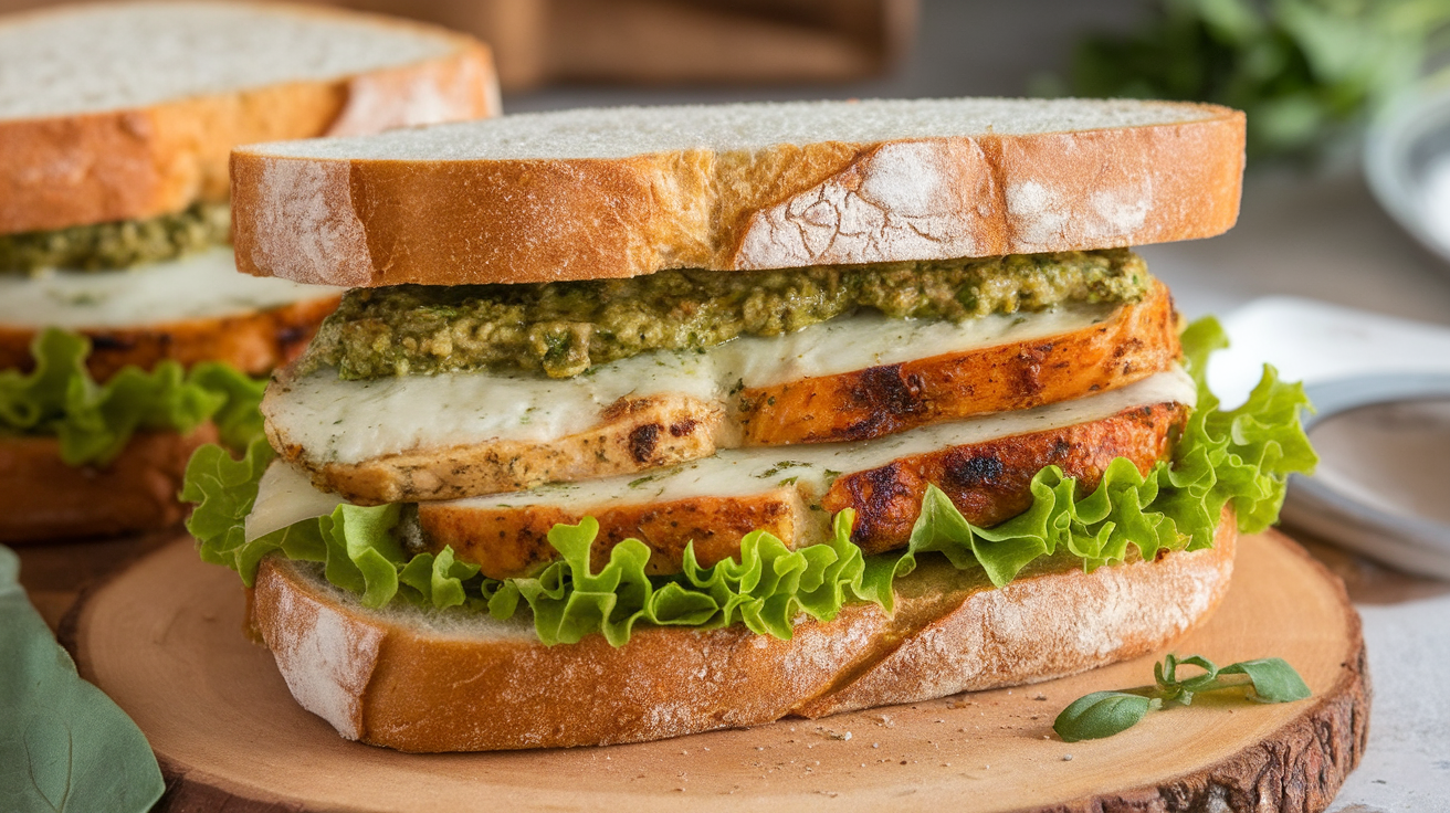 Grilled chicken pesto sandwich with melted mozzarella, fresh basil, and tomato on toasted ciabatta bread