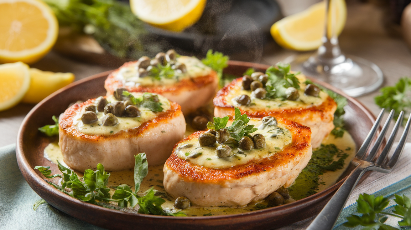 Golden-brown chicken scallopini topped with lemon butter sauce, capers, and fresh parsley, served over a bed of pasta.