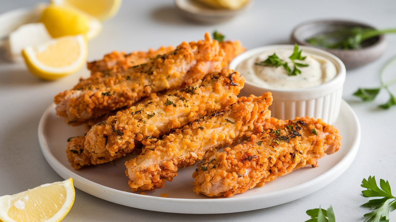 Crispy baked Parmesan chicken fingers with golden breading, served with a side of low-carb marinara sauce and fresh parsley garnish.