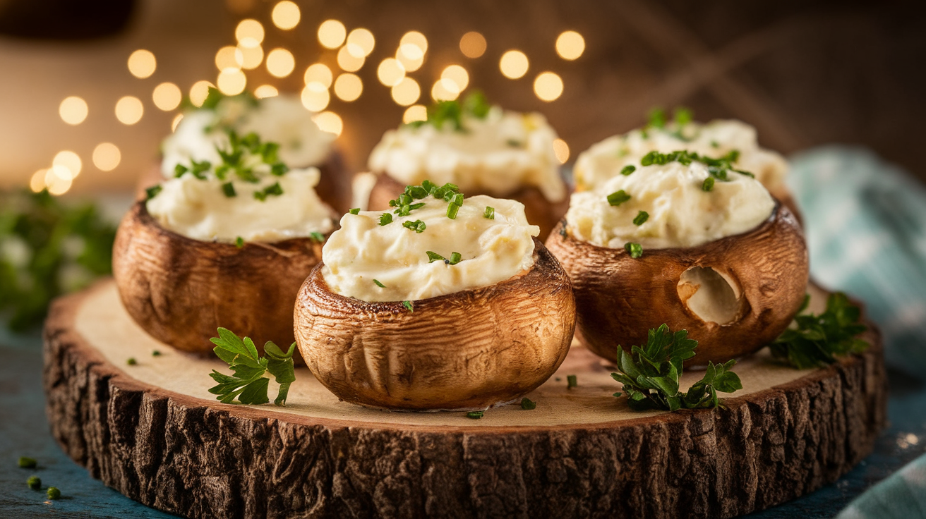 Golden-brown stuffed mushroom caps filled with creamy cheese mixture, garnished with fresh parsley on a white plate.