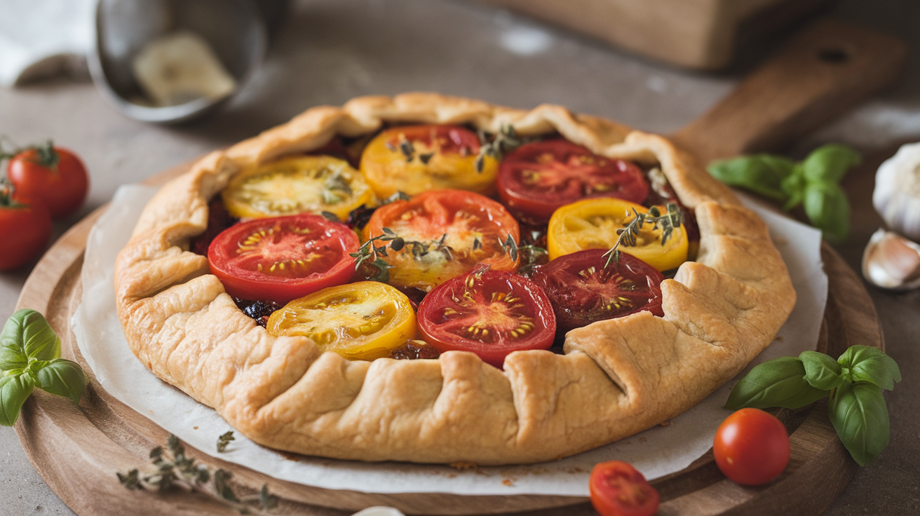 Rustic tomato galette with golden flaky crust, fresh heirloom tomatoes, and herbs on a wooden cutting board.