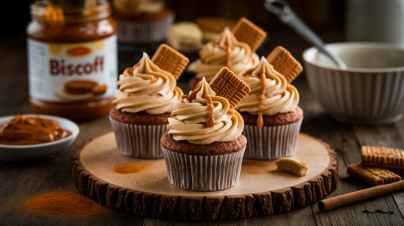 Freshly baked Biscoff cupcakes with creamy Lotus Biscoff frosting, drizzled with caramel sauce and crushed cookie crumbs on top.
