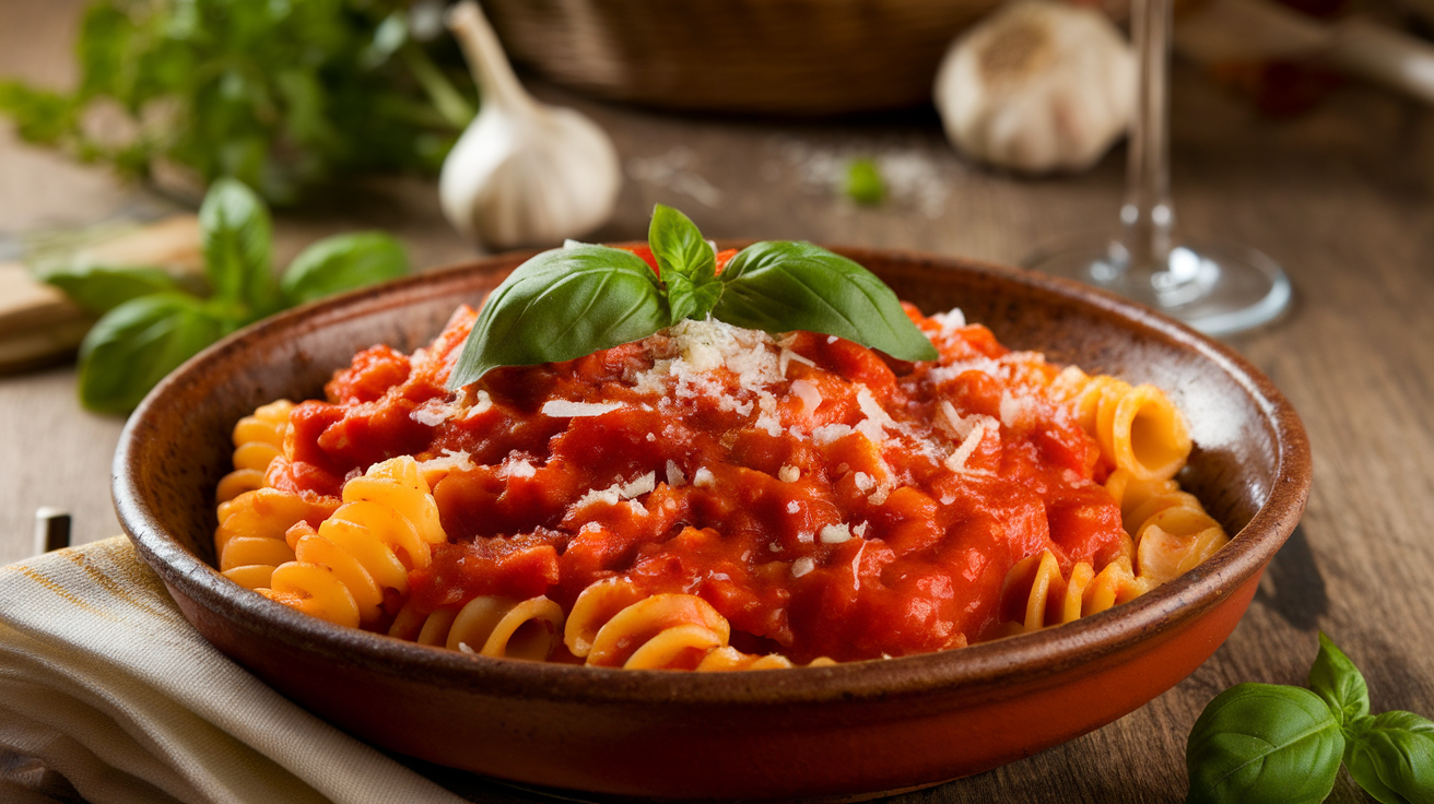 A bowl of tomato pasta garnished with fresh basil and grated Parmesan cheese.