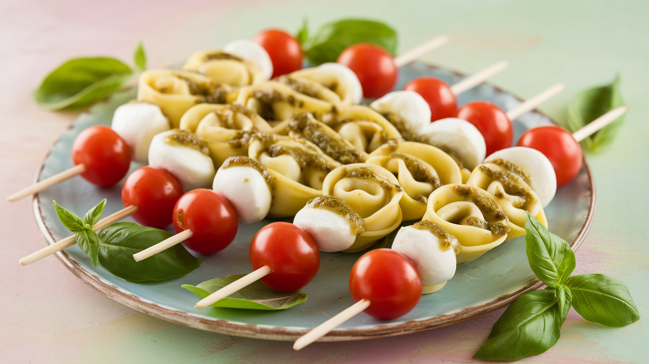 Colorful tortellini Caprese skewers with cherry tomatoes, fresh basil, mozzarella pearls, and balsamic glaze on a wooden board.