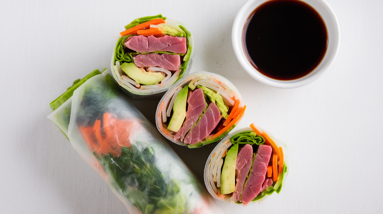 Fresh tuna and avocado spring rolls with sesame seeds, sliced on a white plate, served with soy dipping sauce.