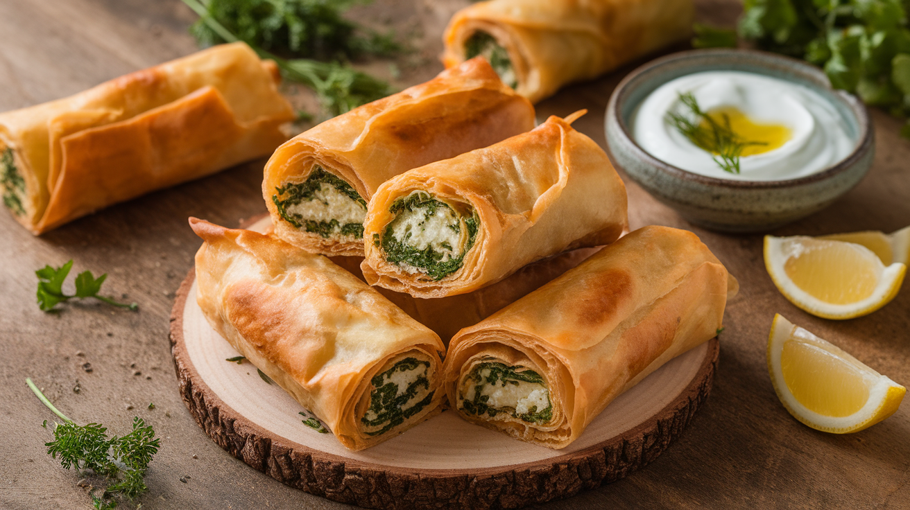 Crispy golden Turkish Sigara Börek (cheese-filled phyllo rolls) on a wooden board with fresh herbs and yogurt dip.
