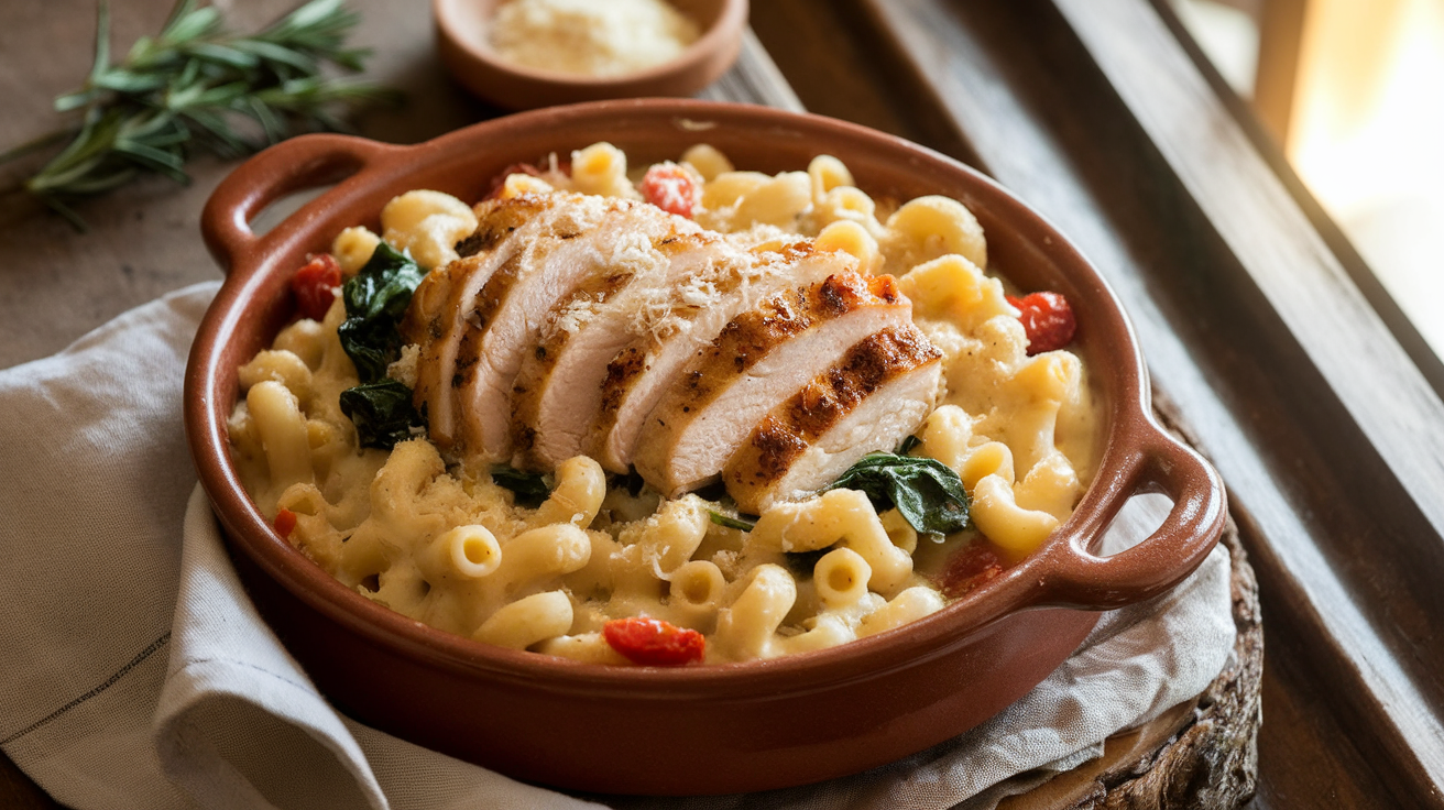 Creamy Tuscan chicken mac and cheese with sun-dried tomatoes, spinach, and parmesan in a skillet, topped with golden breadcrumbs.