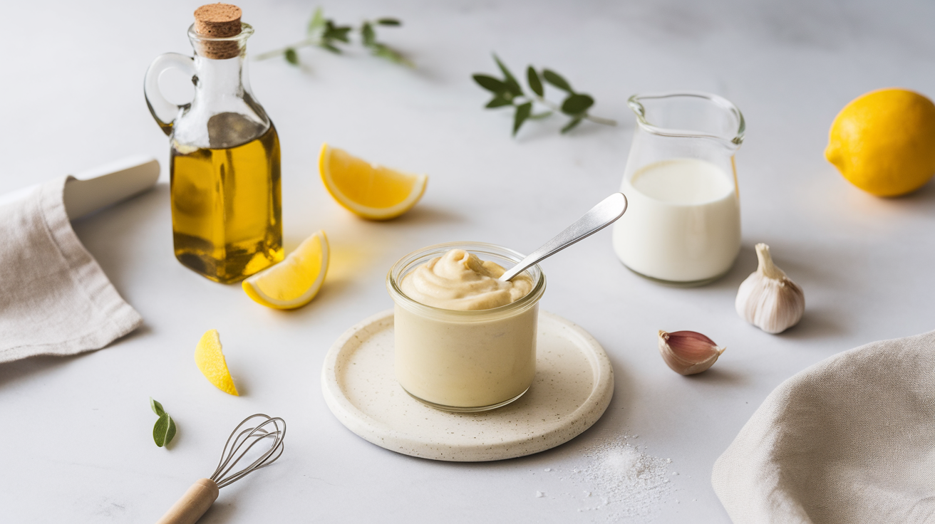 Creamy homemade vegan mayonnaise in a glass jar with a spoon, made with olive oil and soy milk, next to fresh ingredients.