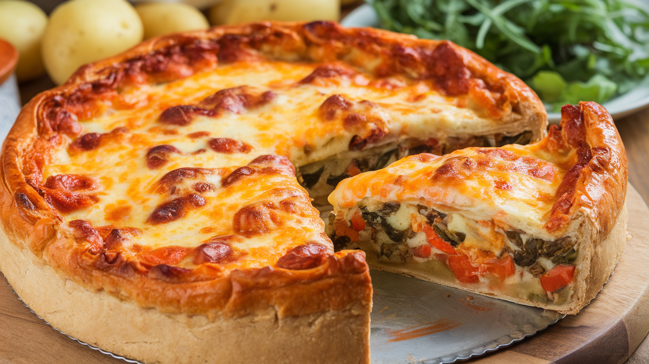 Freshly baked vegetable pie with a golden crust, filled with colorful bell peppers, zucchini, carrots, and peas on a wooden table.