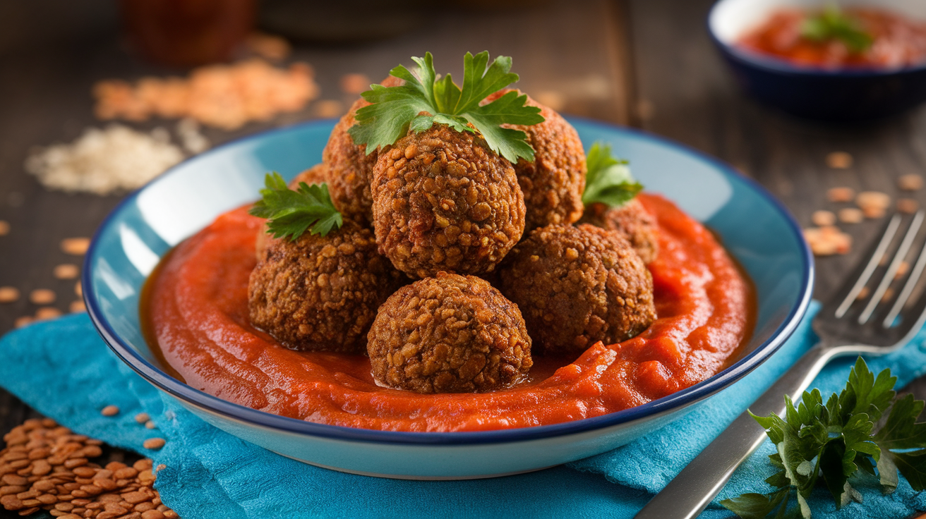 Homemade vegetarian lentil meatballs served on a white plate, garnished with fresh parsley and drizzled with tomato sauce.