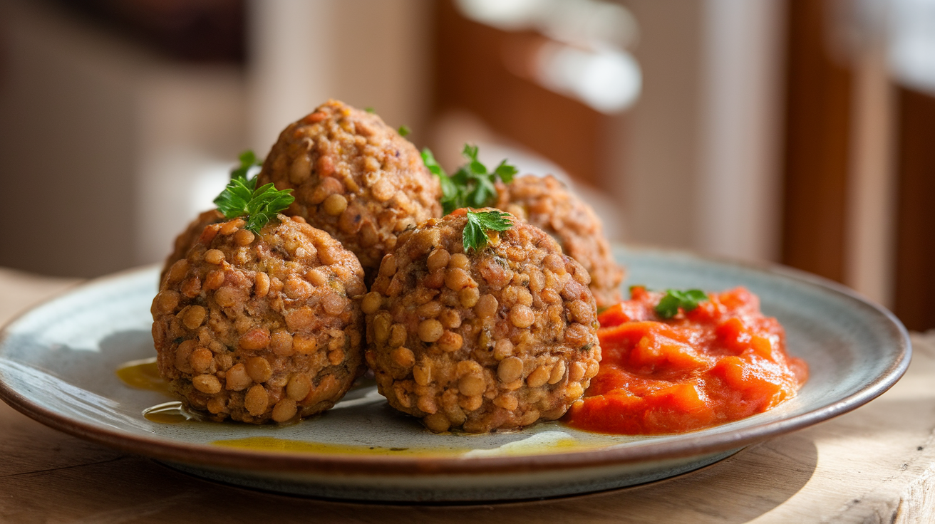 A plate of golden-brown vegetarian lentil meatballs garnished with fresh parsley and served with marinara sauce.