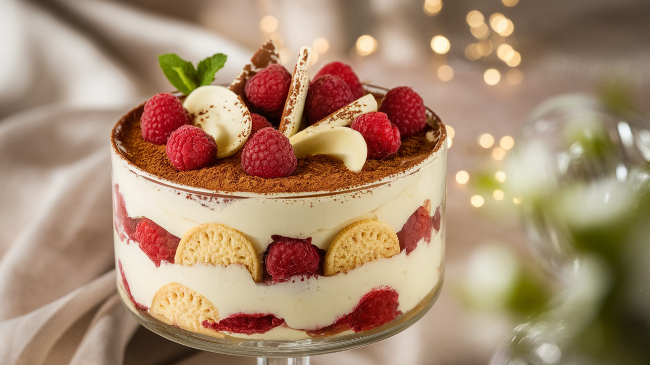 Layered white chocolate raspberry tiramisu in a glass dish with fresh raspberries, cocoa dusting, and mint garnish.