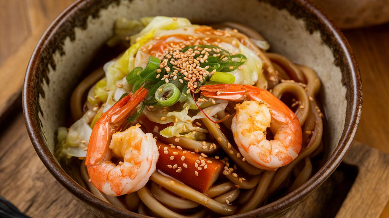 Yaki udon stir-fry with shrimp, colorful vegetables, and thick udon noodles in a savory soy-based sauce, served in a black bowl with chopsticks.