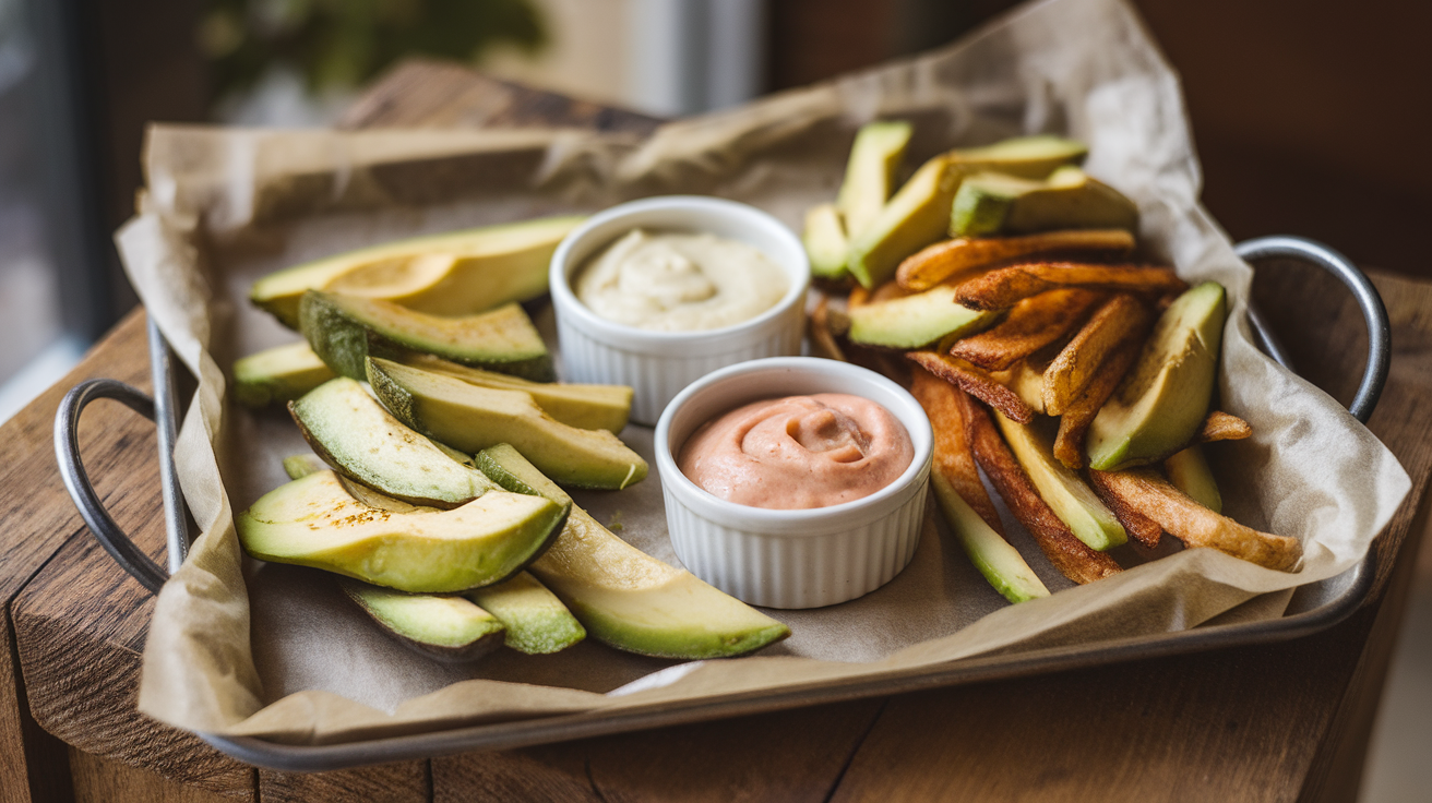 Crispy golden avocado fries with a side of spicy dipping sauce, served on a white plate.