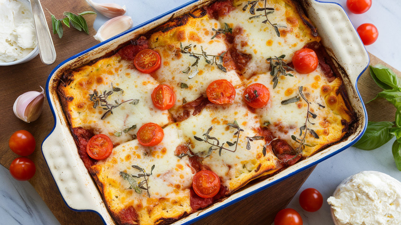Homemade cottage cheese pizza bake with melted mozzarella, tomato sauce, and fresh basil on a baking sheet.