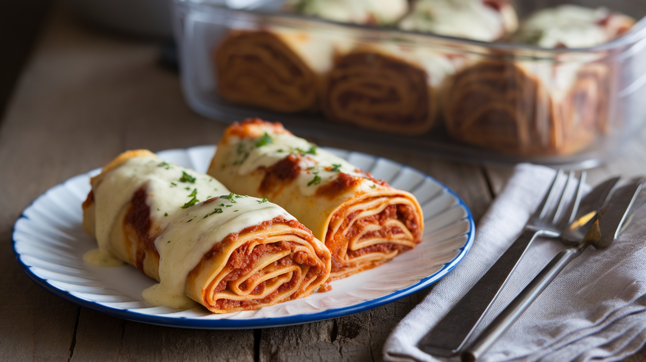 Freshly baked lasagna roll-ups with melted cheese and marinara sauce, garnished with basil, ready for freezing or serving.
