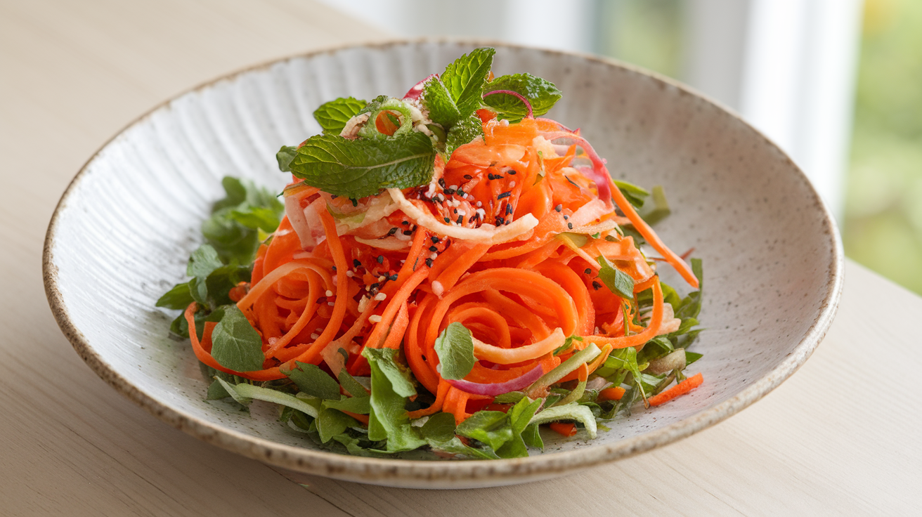 Colorful carrot ribbon salad with fresh herbs, sesame seeds, and a citrus dressing in a white bowl.