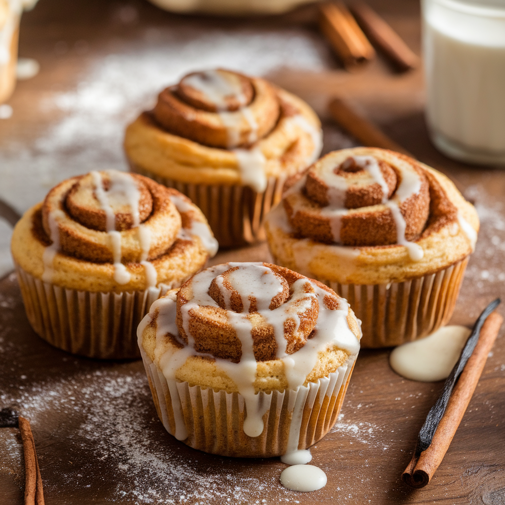 Freshly baked cinnamon roll muffins with swirls of cinnamon sugar, topped with creamy glaze on a rustic wooden table.