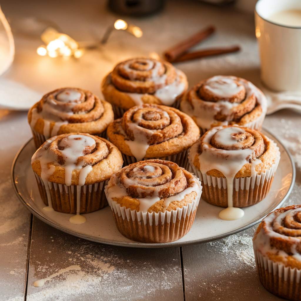 Freshly baked cinnamon roll muffins with swirls of cinnamon sugar, topped with creamy glaze on a rustic wooden table.