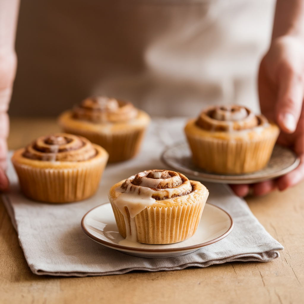 Freshly baked cinnamon roll muffins with swirls of cinnamon sugar, topped with creamy glaze on a rustic wooden table.